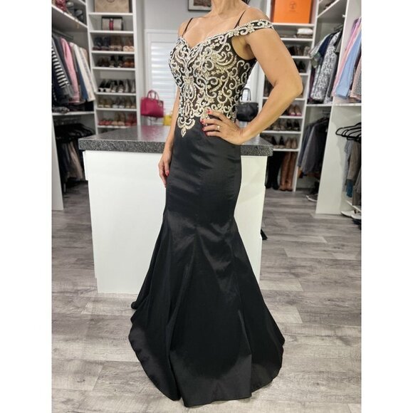 Jovani Black Gold Embroidered Mermaid Gown $499 - Picture 7 of 13